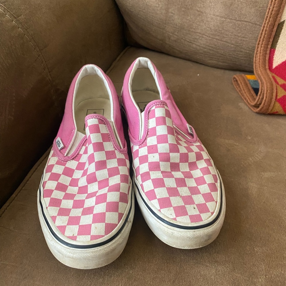Vans women’s Pink and White Checkered Slip-On Sneakers